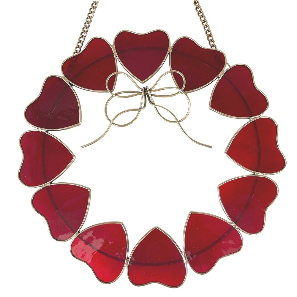 Vintage Stained 9" Glass Red Heart Wreath Suncatcher Window Hanging Bow Detail